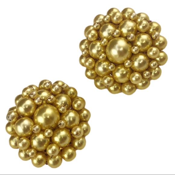 Vintage 80s Gold Round Beaded Clip On Earrings - Picture 2 of 6